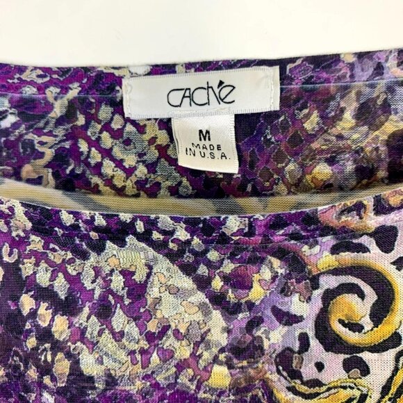 Cache Womens M Knit Blouse Purple Gold White Ornate Snake Print Short Sleeve Top - Picture 3 of 10